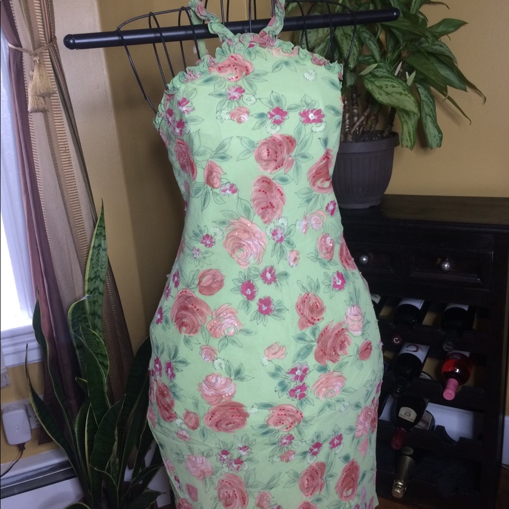 Pale green and rose floral silk dress